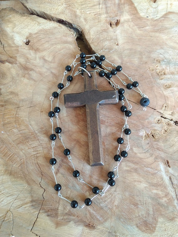 Wooden Cross Necklace Black Long Beaded Chain Aromatherapy Essential Oil Diffuser Necklace Christian Gift Young Living Doterra Lava Bead