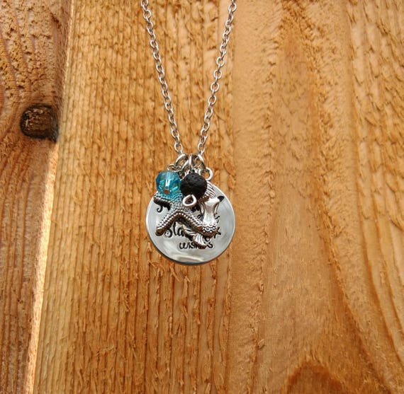 Beach "Mermaid kisses & Starfish wishes" Diffuser Necklace with Mermaid, Starfish, Blue Stone and Lava Bead on a 17" Chain Silver