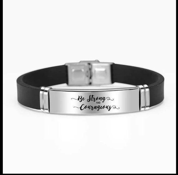 Be Strong and Courageous Adjustable Scripture Bracelet Silicone Stainless Steel Engraved Gift Christmas Christian Bible Faith Friend Women