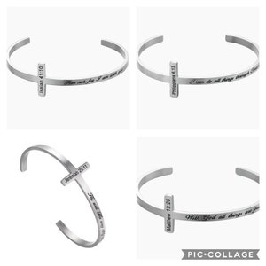 May include: Four silver bracelets with cross charms and inspirational bible verses. The bracelets feature the following verses: Isaiah 41:10, Philippians 4:13, Jeremiah 29:11, and Matthew 19:26.