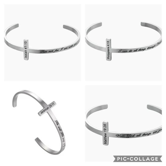 Scripture Cross Bracelet Matthew 19 26 Jeremiah 29 11 Philippians 4 13 Isaiah 41 10 Stainless Steel Engraved Bangle Cuff Gift Christmas Mom