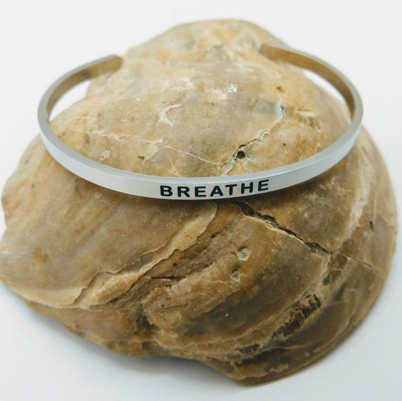 Inspirational Breathe Engraved Bangle Cuff Bracelet Stainless Steel Word Silver Christian Religious Gift Mom Daughter Sister Christmas Santa