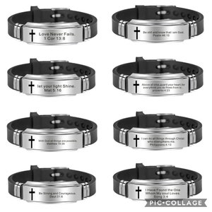 May include: Set of eight black silicone bracelets with silver metal accents. Each bracelet features a cross and a different inspirational quote from the Bible. The quotes include: "Love Never Fails. 1 Cor 13:8", "Let your light shine. Mat 5:16", "With God all things are possible. Matthew 19:26", "Be Strong and Courageous. Deut 31:6", "Be still and know that I am God. Psalm 46:10", "Above all else, guard your heart, for everything you do flows from it. Proverbs 4:23", "I can do all things through Christ who strengthens me. Philippians 4:13", and "I have found the one whom my soul loves. Song 3:4".