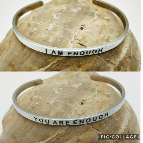 Inspirational I Am Enough You Are Enough Engraved Bangle Cuff Bracelet Stainless Steel Word Silver Christian Religious Gift Friend Christmas