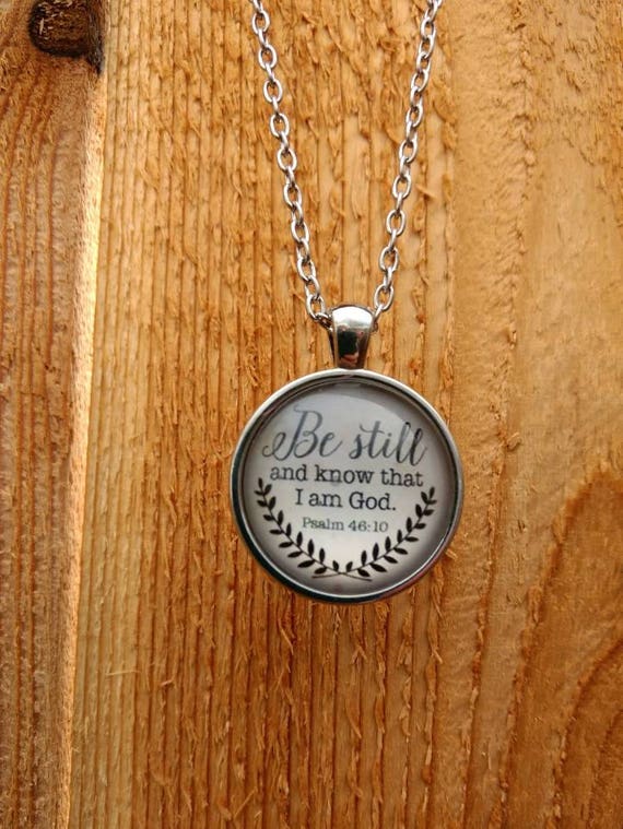 Religious "Be still and know that I am God. Psalms 46:10" Cabochon Diffuser Necklace with Lava Bead and 18" Chain Silver