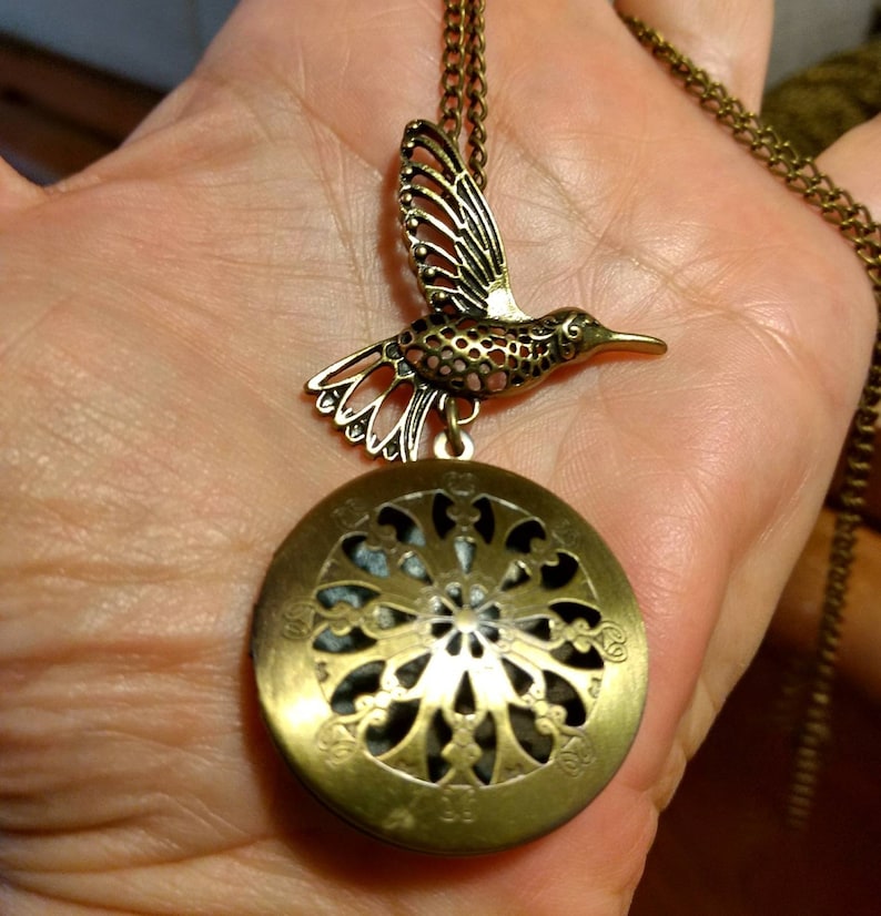 One of a kind Diffuser Necklace Boho Bird Connector Antique Bronze Aromatherapy Essential Oil Locket Birthday Gift Young Living Doterra Cork