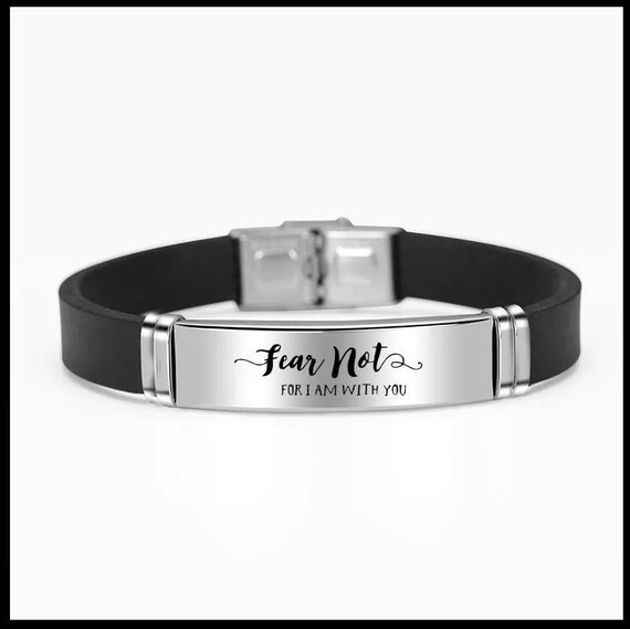 Fear Not Adjustable Scripture Bracelet Black Silicone Stainless Steel Engraved Gift Christmas Christian Bible Faith Friend Men Women Child