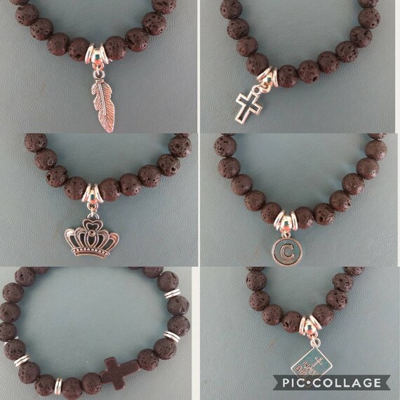 Black Lava Bead Bracelet Aromatherapy Essential Oil Diffuser Silver Charm Cross Bible Feather Initial Crown Young Living Doterra Religous