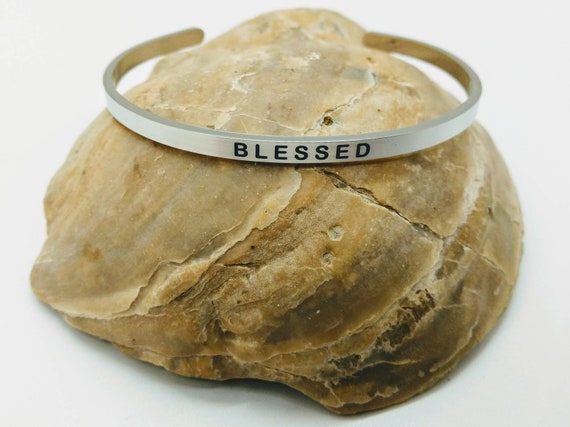 Inspirational Blessed Engraved Bangle Cuff Bracelet Stainless Steel Word Mantra Silver Christian Religious Gift Mom Daughter Sister Friend