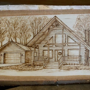 Custom Wood Burned Image - Cabin - Home - Homestead - Pyrography House Warming Gift - Custom Pyrography - House Portrait - Live Edge