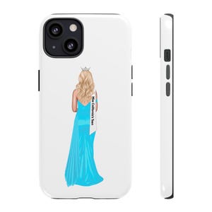 May include: A white phone case with a blue and white illustration of a woman wearing a crown and a sash that says "Miss California's Teen".