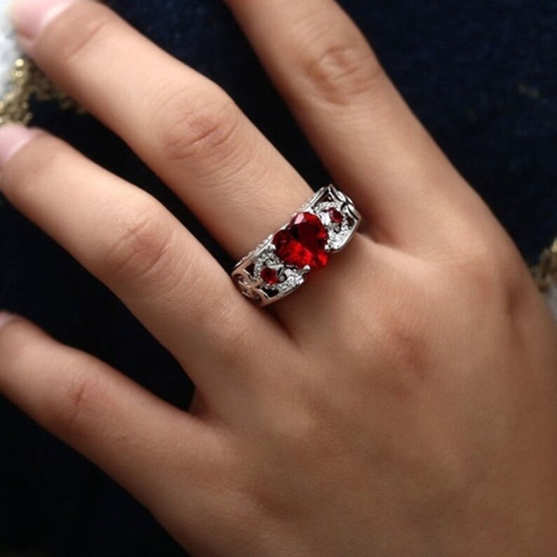 Natural Ruby Gemstones Birthstone Bride Wedding Engagement Heart Ring