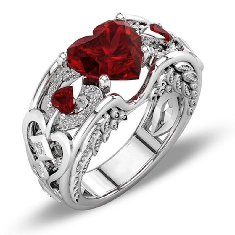 Natural Ruby Gemstones Birthstone Bride Wedding Engagement Heart Ring