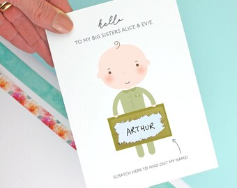 Tarjeta para raspar para nuevo hermano: revelación del nombre del bebé, ilustración personalizada