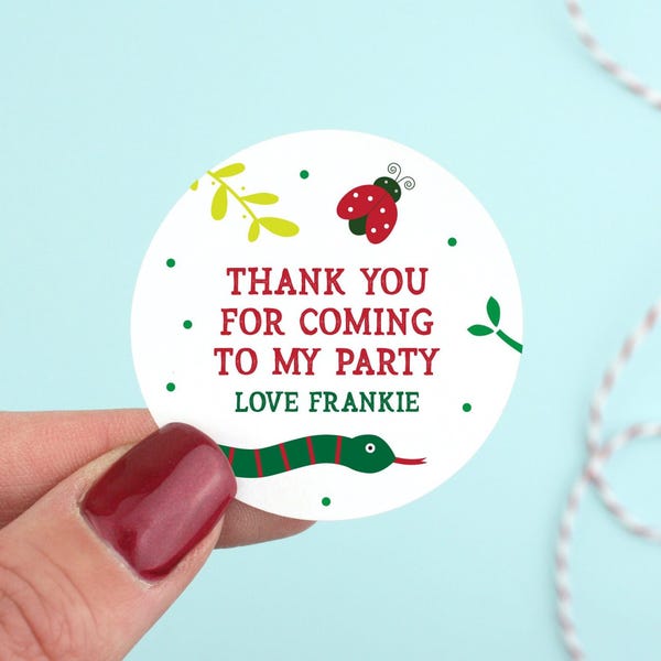 Personalised Creepy Crawly Reptile Birthday Stickers x24 - Thank You Kids Birthday Party Labels, Snakes, Insects, Sweet Cone Stickers