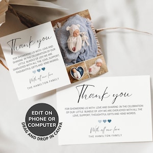 Editable Baby Shower Thank You Card Template with Heart Design, Personalized First Birthday Photo Thank You Card, New Baby, Kids Birthday