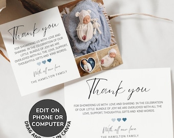 Editable Baby Shower Thank You Card Template with Heart Design, Personalized First Birthday Photo Thank You Card, New Baby, Kids Birthday
