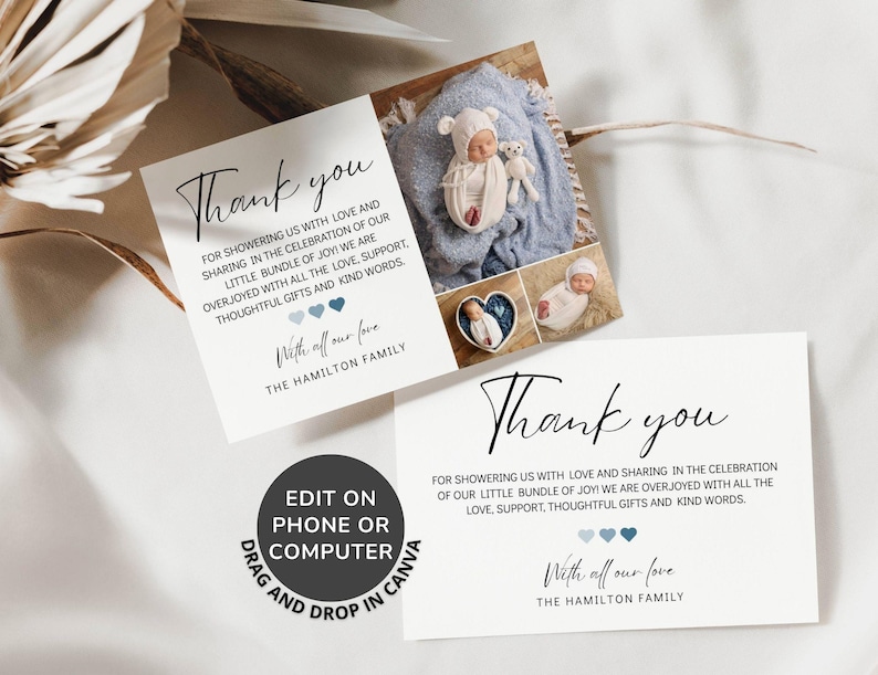 Editable Baby Shower Thank You Card Template With Heart Design ...