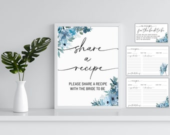 Share a Recipe Sign Printable with Bridal Shower Recipe Cards Keepsake, Boho Dusty Blue Floral Bridal Shower Games & Signs Set Download