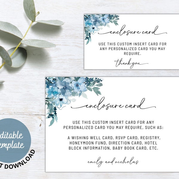 Boho Dusty Blue Custom Enclosure Card Template, Bridal Shower or Wedding Insert Card for Registry Card, Wishing Well, RSVP, Event Details