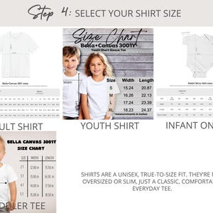 May include: A multi-panel size chart for apparel including an adult shirt, youth shirt, infant onesie, and toddler tee. Each section displays a white garment diagram with width and length arrows, corresponding measurement tables in inches, and text labels.