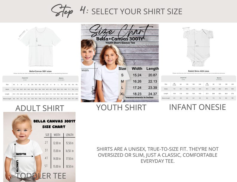 May include: A multi-panel size chart for apparel including an adult shirt, youth shirt, infant onesie, and toddler tee. Each section displays a white garment diagram with width and length arrows, corresponding measurement tables in inches, and text labels.