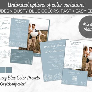 Pode incluir: Conjunto de convites de casamento azul poeira com ilustra&ccedil;&otilde;es florais e uma foto de um casal. O conjunto inclui um cart&atilde;o de guardar a data, um convite, um cart&atilde;o de detalhes e um cart&atilde;o de resposta. O texto no convite diz "Meredith Pierce e Noah Hamilton".