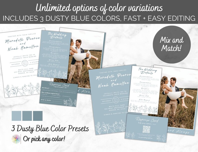 Pode incluir: Conjunto de convites de casamento azul poeira com ilustra&ccedil;&otilde;es florais e uma foto de um casal. O conjunto inclui um cart&atilde;o de guardar a data, um convite, um cart&atilde;o de detalhes e um cart&atilde;o de resposta. O texto no convite diz "Meredith Pierce e Noah Hamilton".