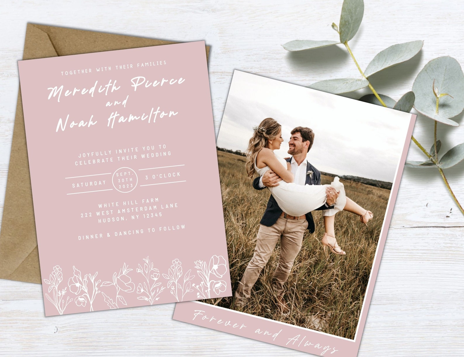 Dusty Rose Wedding Invitation With Photo Template, Wedding Florals