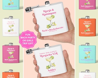Margs & Matrimony Bachelorette Personalized Flask, Funny Bridal Party Gift, Save Water Drink Tequila, Margarita Veil, Girls Trip Gifts