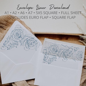 Dusty Blue Vintage Flowers Envelope Liner Templates in A7 A6 A2 A1 & Square 5x5 for Wedding, Bridal Shower, Euro Flap Liner, Square Flap