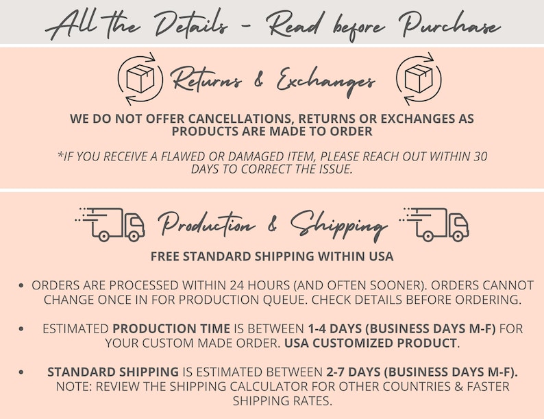 May include: A cream-colored graphic with text detailing returns, exchanges, production, and shipping policies. The text includes information about order processing, production time, and standard shipping estimates.