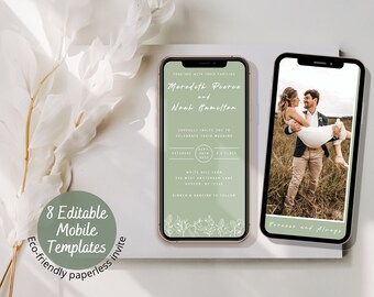 Sage Green Mobile Wedding Evite Photo Template, Modern Boho Smartphone Digital Editable Invitation with Dusty Sage Wildflowers Phone Invites