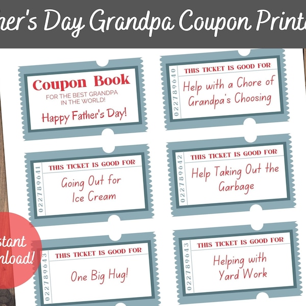 Grandpa Coupons for Father's Day, DIY Gift from Grandkids, Daughter, Son, Printable Pack, Sentimental Gift for fathers
