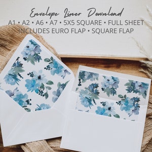 Dusty Blue Floral Envelope Liner Templates in A7 A6 A2 A1 & Square 5x5 for Wedding, Bridal Shower, Anniversary, Euro Flap Liner, Square Flap