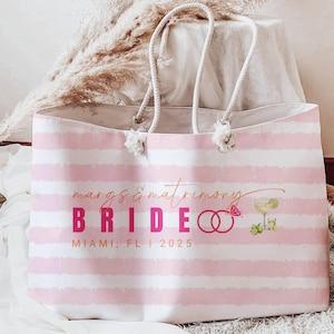 Margarita Veil Custom Beach Bag, Margs and Matrimony Bachelorette Tote Bag Gift for Bride, Bride Weekender Bag, Personalized Beach Bag