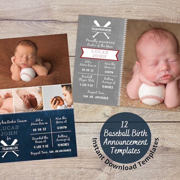 Baseball Baby Announcement Photo Template, Printable Sports Newborn Birth Announcement, Editable Baby Boy, Introducing Baby