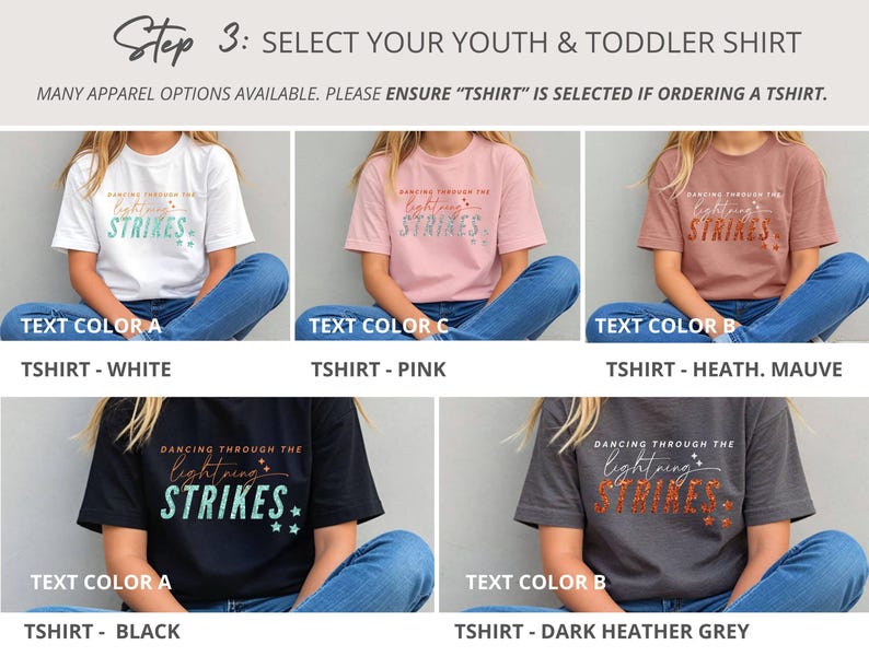 May include: A collection of five short-sleeve t-shirts in white, pink, heather mauve, black, and dark heather grey. Each shirt features the text 'DANCING THROUGH THE lightning STRIKES' with varying text colors and graphic accents like stars.