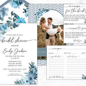 Boho Bridal Shower Brunch Invitation Bundle Templates in Dusty Blue Floral & Greenery with Recipe Card, Recipe Request, Photo Invite, Liners