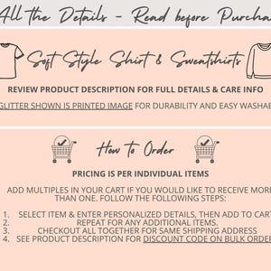 Pode incluir: Gr&aacute;fico cor de p&ecirc;ssego com texto e ilustra&ccedil;&otilde;es pretas. O texto diz "All the Details - Read before Purchase" e "Soft Style Shirt & Sweatshirts". As instru&ccedil;&otilde;es sobre como encomendar tamb&eacute;m est&atilde;o inclu&iacute;das.