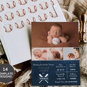 Baseball Birth Announcement Template, Editable Sports Newborn Baby Announcement, Digital Baby Boy, Introducing Baby, New Baby Photo Card