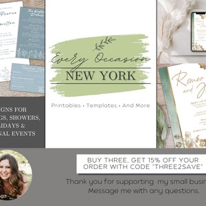 Pode incluir: Uma loja de design digital chamada "Every Occasion New York" oferece modelos imprim&iacute;veis para casamentos, ch&aacute;s de beb&ecirc;, feriados e eventos sazonais. A propriet&aacute;ria da loja est&aacute; na imagem. O texto "BUY THREE, GET 15% OFF YOUR ORDER WITH CODE "THREE2SAVE" tamb&eacute;m est&aacute; inclu&iacute;do na imagem.