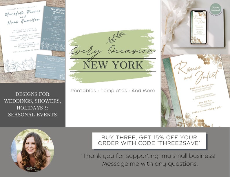 Pode incluir: Uma loja de design digital chamada "Every Occasion New York" oferece modelos imprim&iacute;veis para casamentos, ch&aacute;s de beb&ecirc;, feriados e eventos sazonais. A propriet&aacute;ria da loja est&aacute; na imagem. O texto "BUY THREE, GET 15% OFF YOUR ORDER WITH CODE "THREE2SAVE" tamb&eacute;m est&aacute; inclu&iacute;do na imagem.