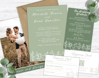Boho Dusty Sage Wedding Invitation Suite with Photo Template, Minimalist Eucalyptus Wildflower Wedding Details Card, QR Code RSVP Download