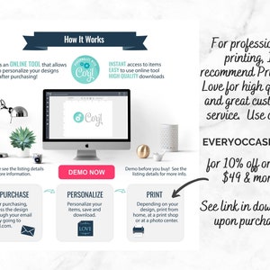 Pode incluir: Um gr&aacute;fico que explica como usar o Corjl, uma ferramenta online para personalizar designs. O gr&aacute;fico mostra uma tela de computador com o logotipo do Corjl, um bot&atilde;o de compra, um bot&atilde;o de personaliza&ccedil;&atilde;o e um bot&atilde;o de impress&atilde;o. O gr&aacute;fico tamb&eacute;m inclui texto que explica as etapas envolvidas no uso do Corjl. O texto inclui a frase "Use o c&oacute;digo EVERYOCCASION10 para obter 10% de desconto em pedidos de 49 &euro; ou mais".