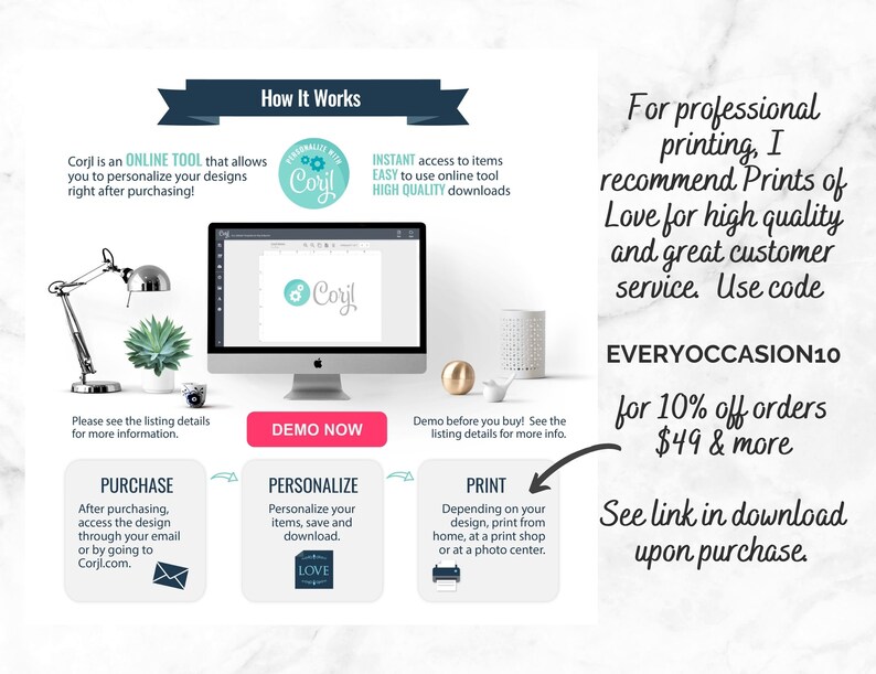 Pode incluir: Um gr&aacute;fico que explica como usar o Corjl, uma ferramenta online para personalizar designs. O gr&aacute;fico mostra uma tela de computador com o logotipo do Corjl, um bot&atilde;o de compra, um bot&atilde;o de personaliza&ccedil;&atilde;o e um bot&atilde;o de impress&atilde;o. O gr&aacute;fico tamb&eacute;m inclui texto que explica as etapas envolvidas no uso do Corjl. O texto inclui a frase "Use o c&oacute;digo EVERYOCCASION10 para obter 10% de desconto em pedidos de 49 &euro; ou mais".