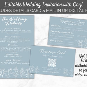 Pode incluir: Um convite de casamento azul e branco com um design floral. O convite inclui detalhes sobre o casamento, como a data, a hora e o local. Tamb&eacute;m inclui um cart&atilde;o de resposta com um c&oacute;digo QR para RSVP.