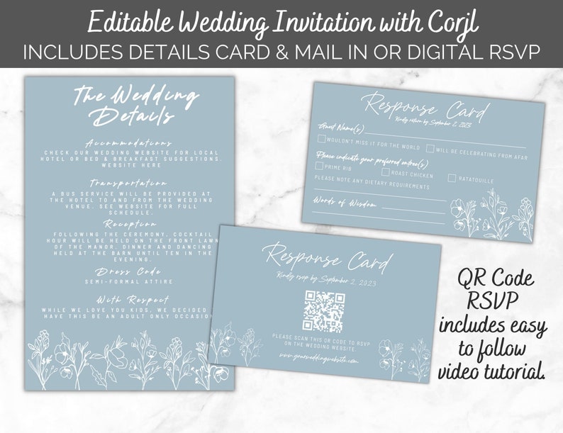 Pode incluir: Um convite de casamento azul e branco com um design floral. O convite inclui detalhes sobre o casamento, como a data, a hora e o local. Tamb&eacute;m inclui um cart&atilde;o de resposta com um c&oacute;digo QR para RSVP.