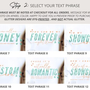 May include: A grid of six apparel design options featuring teal glitter-effect text and orange script accents. Phrases include: YOU CAN CALL ME HONEY, YOU CAN BE MY FOREVER, IN MY SHOWGIRL ERA, IN MY CUSTOM ERA, CAUSE IT'S ACTUALLY ROMANTIC, and NOW I KNOW THE LIFE OF A SHOWGIRL BABE.