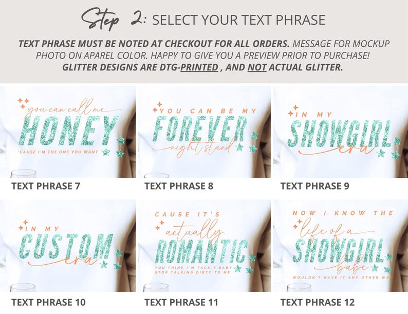 May include: A grid of six apparel design options featuring teal glitter-effect text and orange script accents. Phrases include: YOU CAN CALL ME HONEY, YOU CAN BE MY FOREVER, IN MY SHOWGIRL ERA, IN MY CUSTOM ERA, CAUSE IT'S ACTUALLY ROMANTIC, and NOW I KNOW THE LIFE OF A SHOWGIRL BABE.